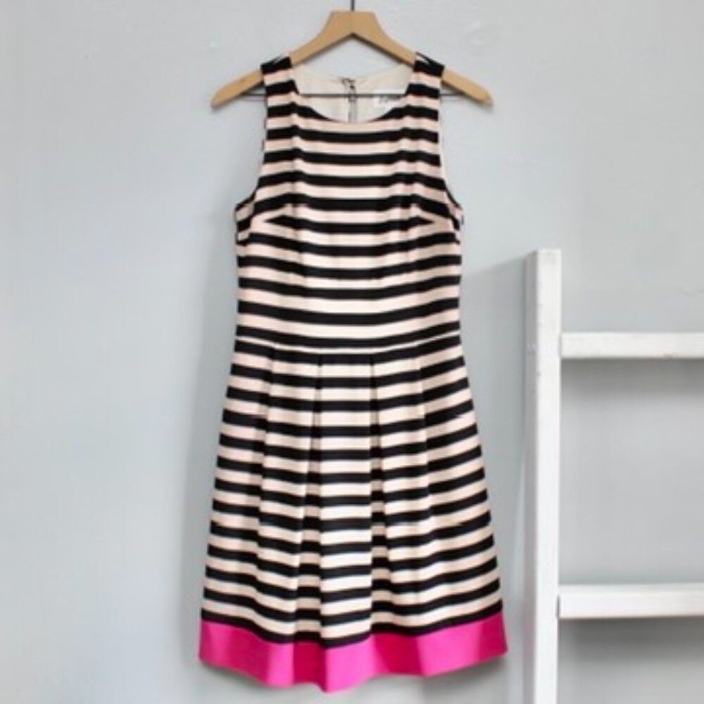 JOSEPH RIBKOFF Black Cream Striped Pink Stripe Hem Sleeveless Midi Dress Size 10